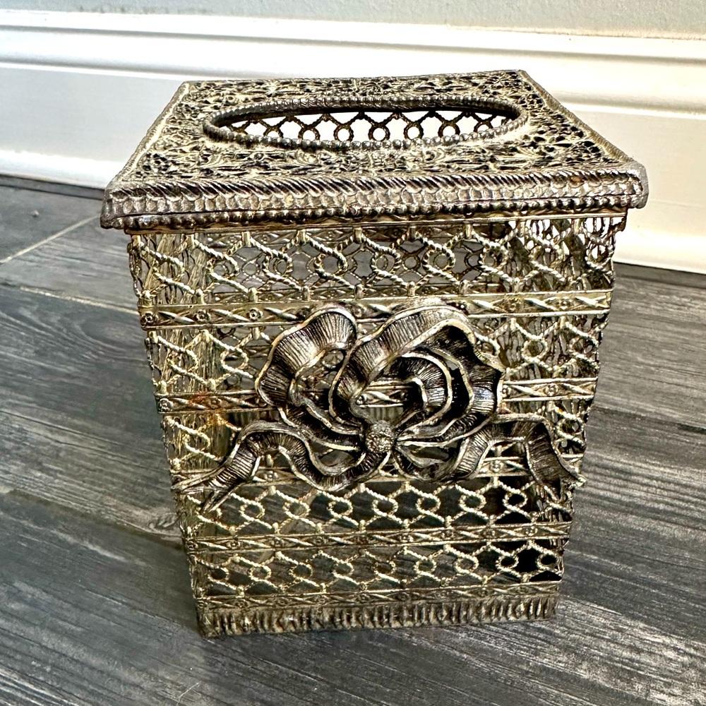 Vintage Metal Tissue Box CoverSquare  Goldish Charcoal Home  Bathroom Decor